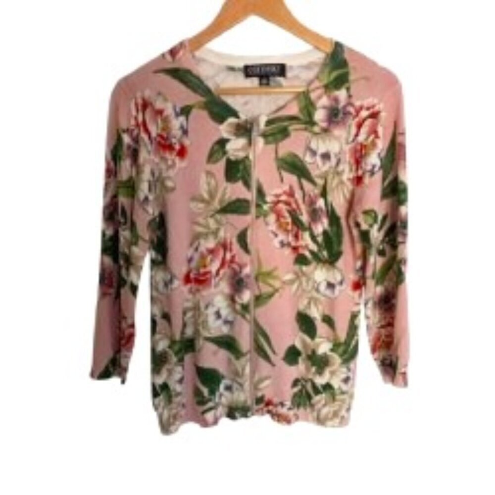 Context Pink Floral Zipper Front Sweater Medium